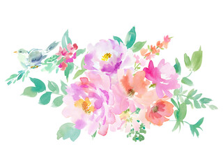 水彩で描いたピンク色の牡丹と青い鳥、草花のブーケイラスト