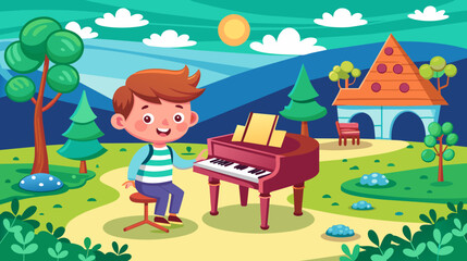 Happy cartoon boy playing piano outdoors near his colorful house