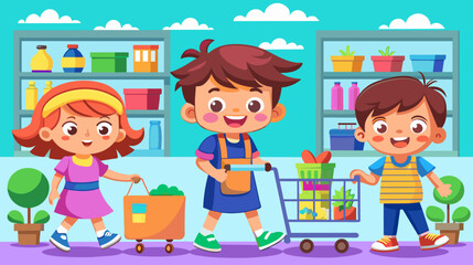 Happy children shopping in supermarket with cart and basket vector illustration
