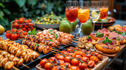 array of grilled skewers, tomatoes, and various appetizers complemented with refreshing drinks, laid out for a gourmet outdoor feast - obrazy, fototapety, plakaty