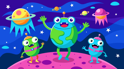Colorful cartoon aliens on a distant planet with space elements vector illustration