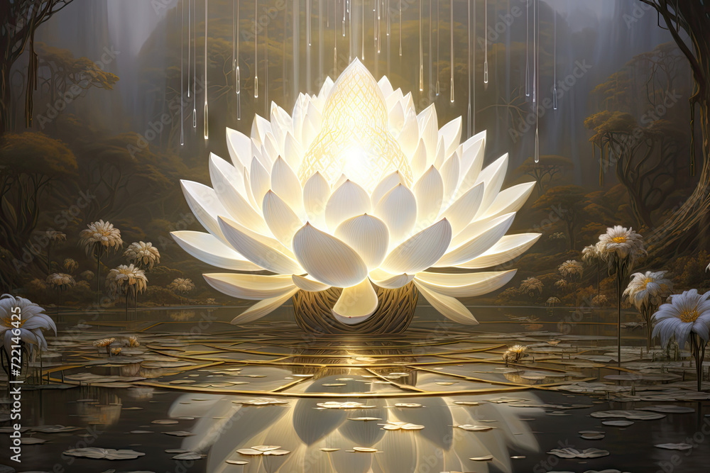 Poster 3d rendering of a beautiful white lotus in a fantasy setting
