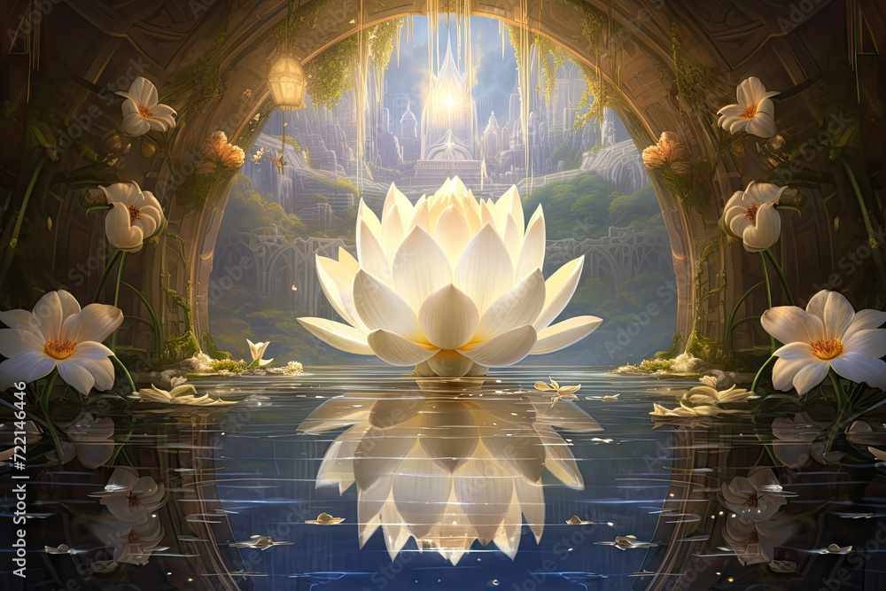 Fototapete 3d rendering of a beautiful white lotus in a fantasy setting