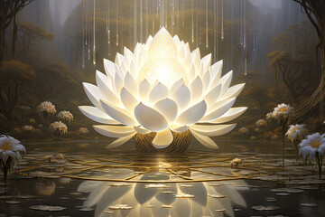 3D rendering of a beautiful white lotus in a fantasy setting