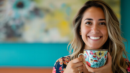 Cute woman smiling and drinking tea in the house - obrazy, fototapety, plakaty