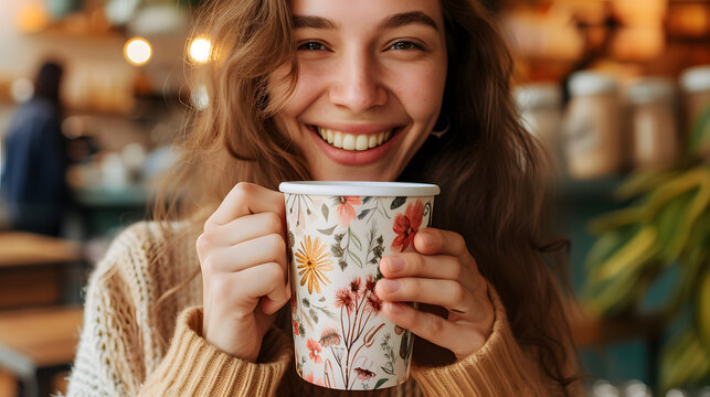 Cute woman smiling and drinking tea in the house