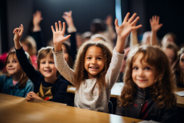 Cheerful Children Raising Hands in Classroom
