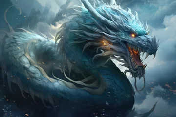 Photo sur Plexiglas Vert bleu 3D rendering of a fantasy dragon in a fantasy landscape with mountains