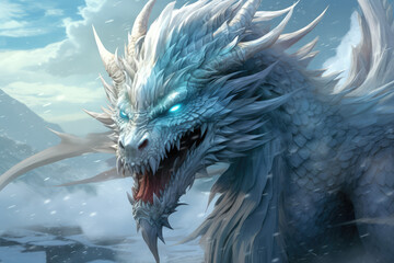 3D rendering of a fantasy dragon in a fantasy landscape with mountains