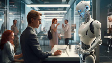People and AI robot working together in the office - obrazy, fototapety, plakaty