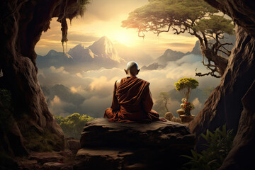 Buddhist monk sitting on a rock by the lake at sunset - obrazy, fototapety, plakaty