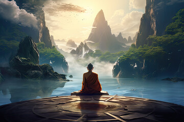 Buddhist monk sitting on a rock by the lake at sunset - Powered by Adobe