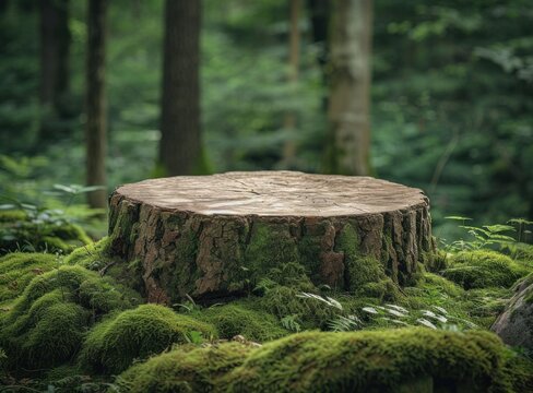 Wooden stump in the forest with green moss and trees in the background