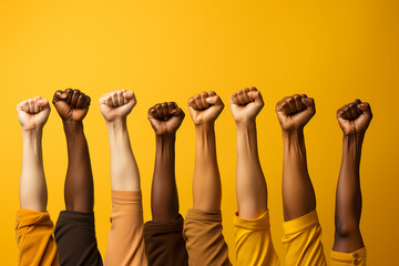 Fototapeta premium a row of raised fists of diverse women of different skin colors on a yellow background in honor of the fight for women's rights and March 8th