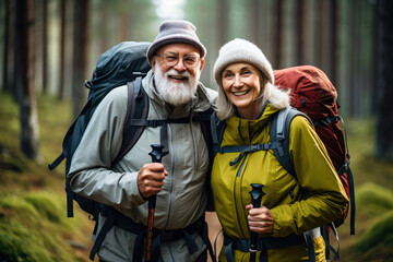 Fototapeta premium Senior couple hiking in the forest. They are looking at camera and smiling