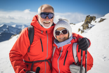 Fototapeta na wymiar Happy senior couple in winterwear standing on top of a snowy mountain