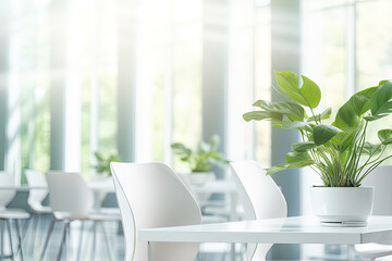 Interior of modern meeting room with white walls, concrete floor, long white table with gray chairs and green plants