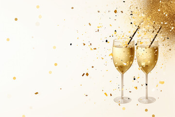 Champagne glasses and golden confetti on light background