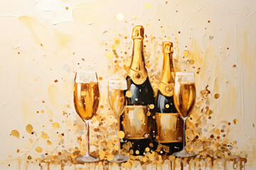 Champagne glasses and golden confetti on light background