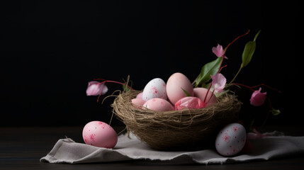 Easter eggs on dark background, moody Easter card