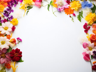 A frame of colorful bright flowers on a white background with copy space