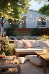 Outdoor patio in the garden with cozy furniture and lanterns.