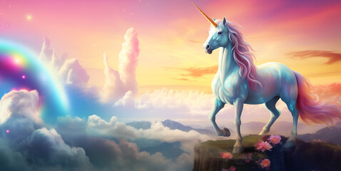 Full shot, unicorn on rainbow sky background