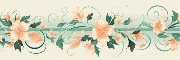 light emerald and dusty peach color floral vines boarder style vector illustration