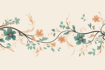 light emerald and dusty peach color floral vines boarder style vector illustration