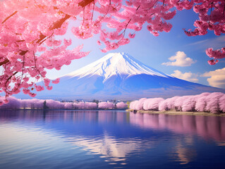 Japanese cherry blossom with mount Fuji on the background.beautiful lake and mountain view