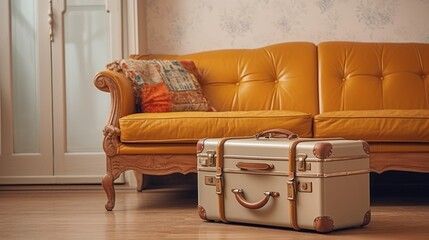 Vintage suitcase on the floor in the living room, retro style