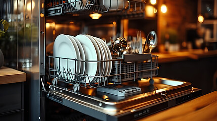 A dishwasher with many plates and silverware in it - obrazy, fototapety, plakaty
