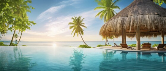 Swimming pool with palm trees at sunset. 3d rendering.