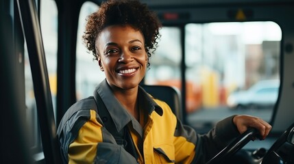 Smiling portrait of a middle age female bus driver working in the city driving buses - obrazy, fototapety, plakaty