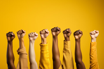 a row of raised fists of diverse women of different skin colors on a yellow background in honor of the fight for women's rights and March 8th