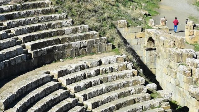 High-angle footage of the theatre of the ancient Roman town of Djemila. Setif, Algeria. UNESCO World Heritage Site.