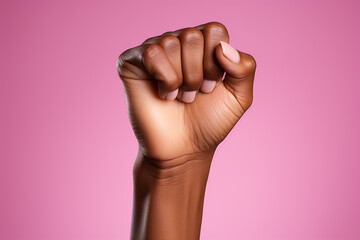 Raised fist of a black woman with nude manicure on a pink background, fight for women's rights, March 8