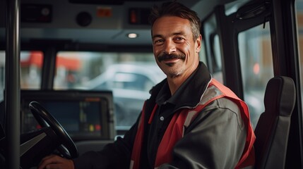 Smiling portrait of a middle age male bus driver working in the city driving buses