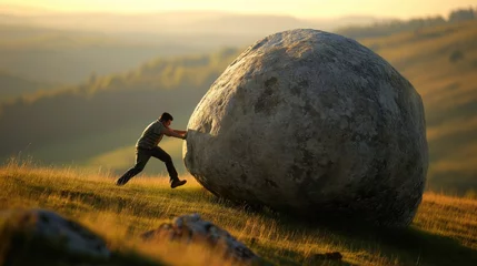 Foto op Plexiglas A man pushes a large stone © cherezoff
