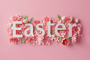 Word Easter with paper flowers on pastel pink background.