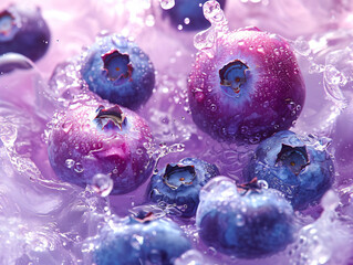 Fresh blueberries with drops of water splashes on a purple background