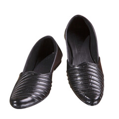 In the picture above there are two pairs of black shoes in the isolated white background.