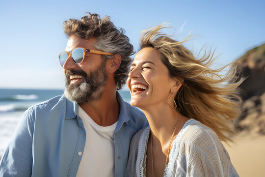 portrait of a happy couple in love on vacation on the seashore in summer. love relationships in the family - Powered by Adobe