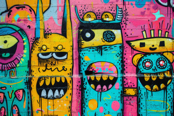 Funky urban graffiti, expressive faces,,beautiful art work in vivid colors. Perfect for Wallpapers ,backgrounds, Wall Art, Skateboards , Cards