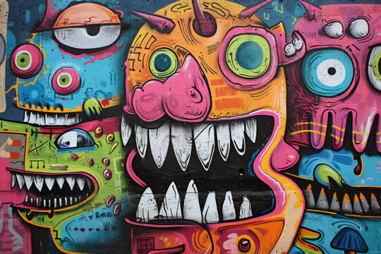 Funky urban graffiti, expressive faces,,beautiful art work in vivid colors.Perfect for Wallpapers ,backgrounds, Wall Art, Skateboards , Cards