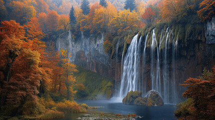 Autumnal Waterfall in a Misty Forest