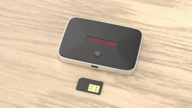 5G Wi-Fi mobile router and sim card on wooden desk