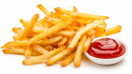 Thin shoestring fries lightly drizzled with ketchup isolated on a white background