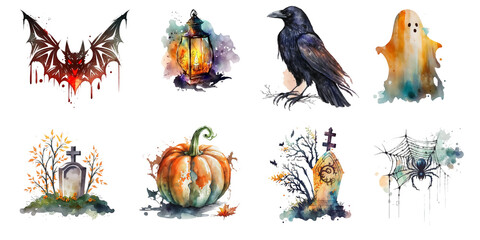 Obraz na płótnie Canvas Halloween symbols watercolor clipart isolated on white background.