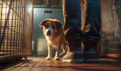Lonely helpless mongrel homeless dog abandoned and new owner between steel cages in animal shelter. Help to pets and adoption animals, friendship and human kindness concept image. - obrazy, fototapety, plakaty